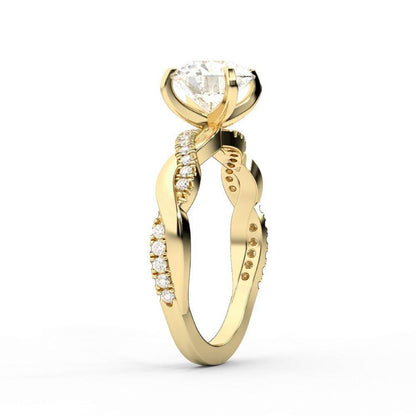 Round cut lab grown diamond twisted side stone engagement ring in yellow gold