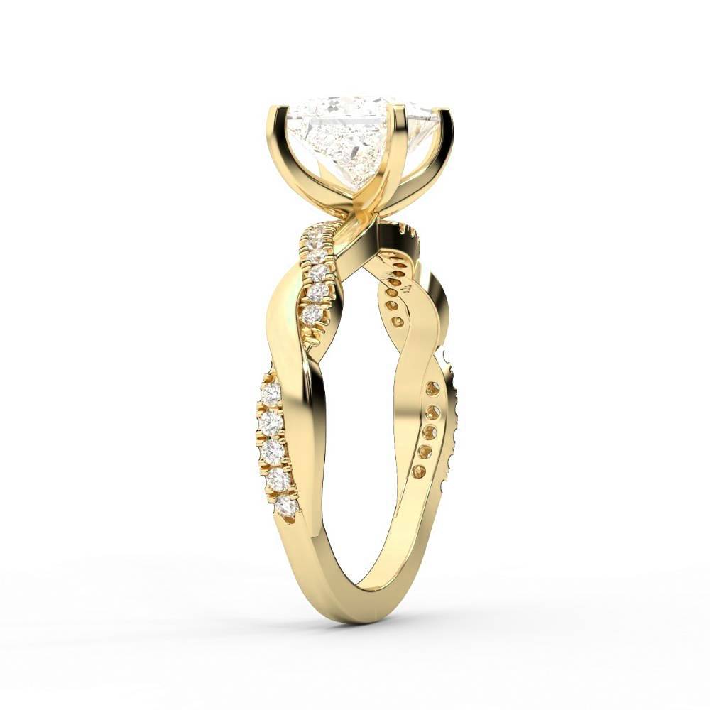 Princess Cut Lab Grown Diamond Twisted Side Stone Engagement Ring in Yellow Gold
