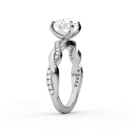 Round cut lab grown diamond twisted side stone engagement ring in silver