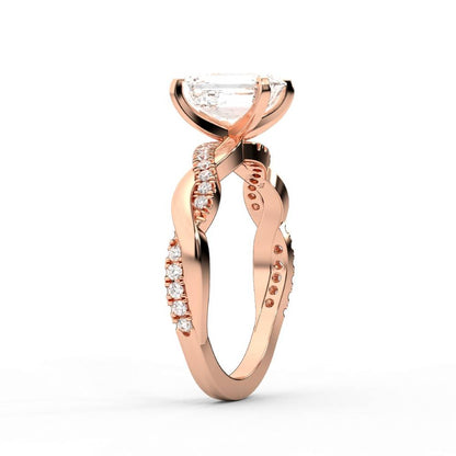 Emerald Cut Lab Grown Diamond Twisted Side Stone Engagement Ring in Rose Gold