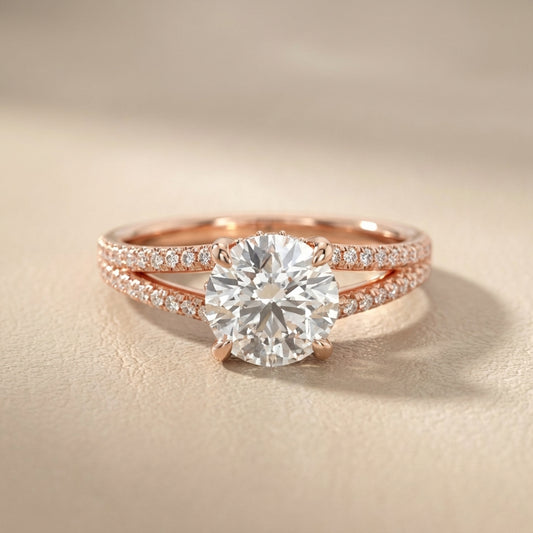 Round Cut Lab Grown Diamond Solitaire Engagement Ring with Pavé Split Shank in Rose Gold
