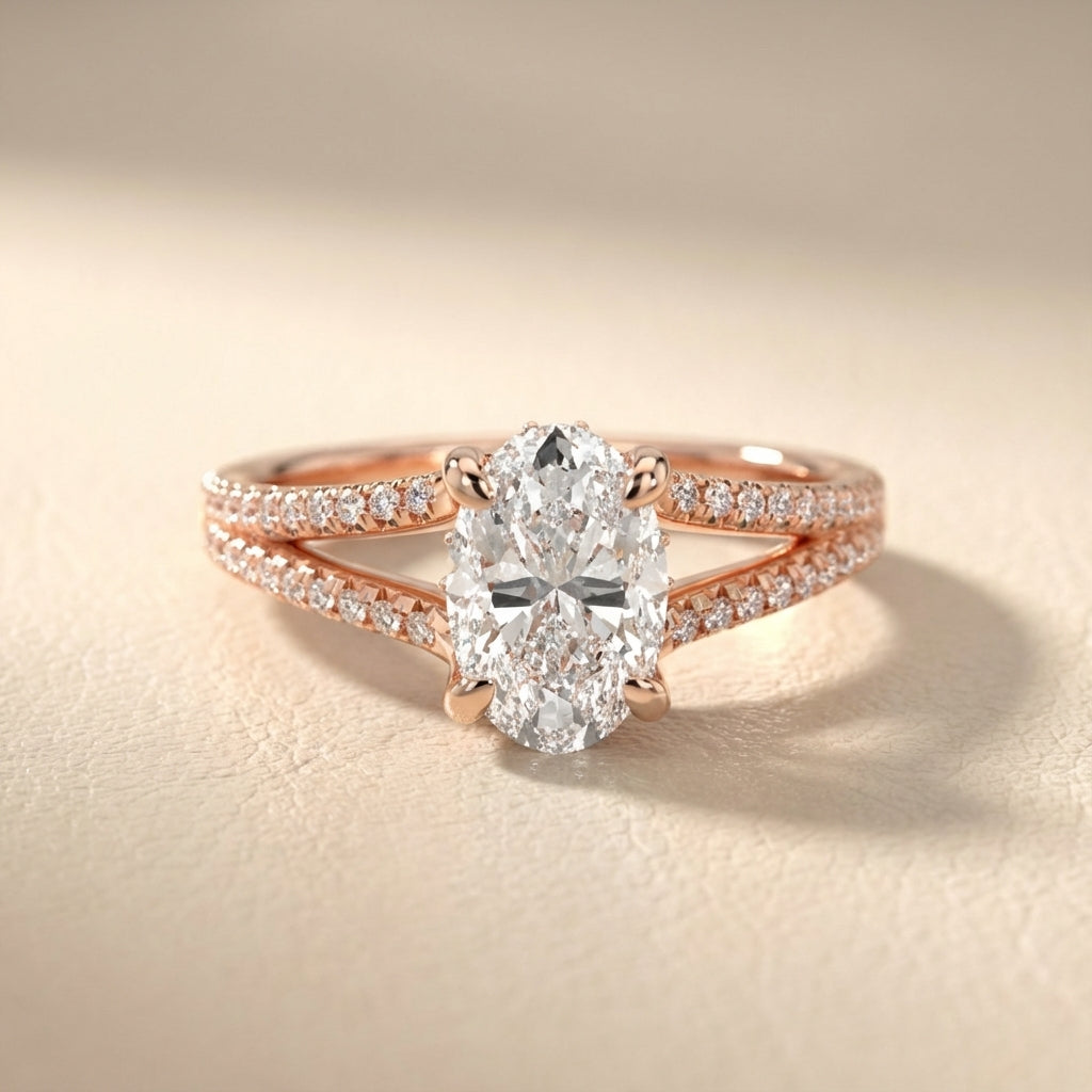 Oval Cut Lab Grown Diamond Solitaire Engagement Ring in Rose Gold with Pavé Split Shank