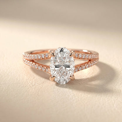 Oval Cut Lab Grown Diamond Solitaire Engagement Ring in Rose Gold with Pavé Split Shank