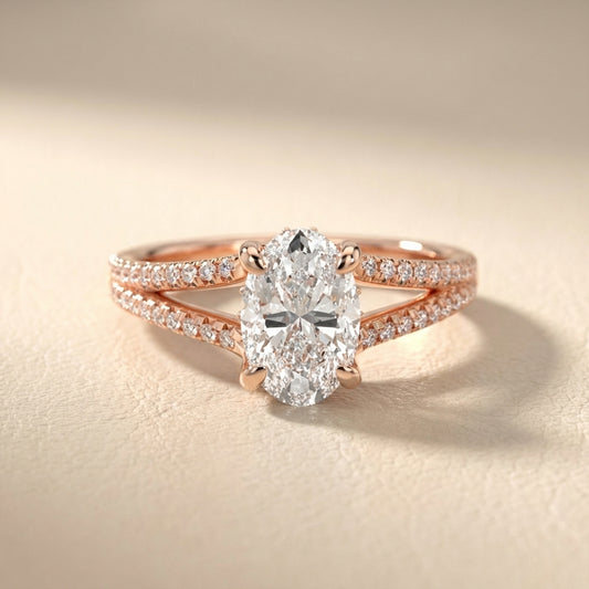 Oval Cut Lab Grown Diamond Solitaire Engagement Ring in Rose Gold with Pavé Split Shank