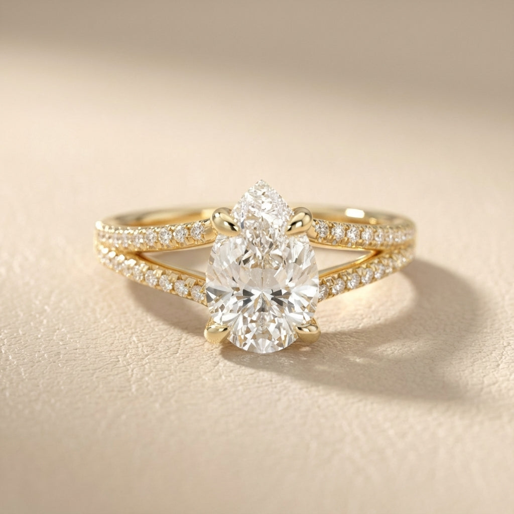 Pear Cut Lab Grown Diamond Split Shank Solitaire Engagement Ring in Yellow Gold