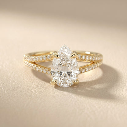 Pear Cut Lab Grown Diamond Split Shank Solitaire Engagement Ring in Yellow Gold