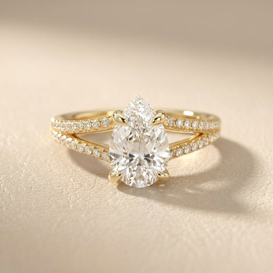 Pear Cut Lab Grown Diamond Split Shank Solitaire Engagement Ring in Yellow Gold