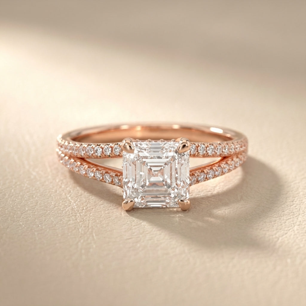 Asscher Cut Lab Grown Diamond Solitaire Engagement Ring with Pavé Split Shank in Rose Gold