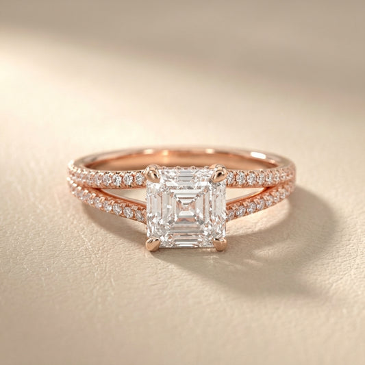 Asscher Cut Lab Grown Diamond Solitaire Engagement Ring with Pavé Split Shank in Rose Gold