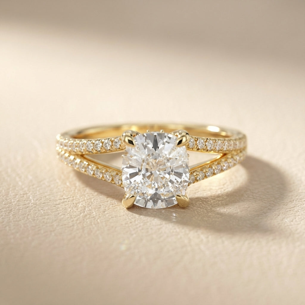 Cushion Cut Lab Grown Diamond Engagement Ring with Split Shank in Yellow Gold