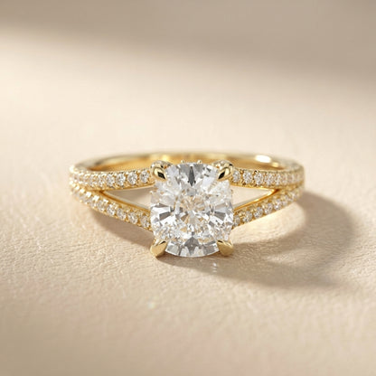 Cushion Cut Lab Grown Diamond Engagement Ring with Split Shank in Yellow Gold