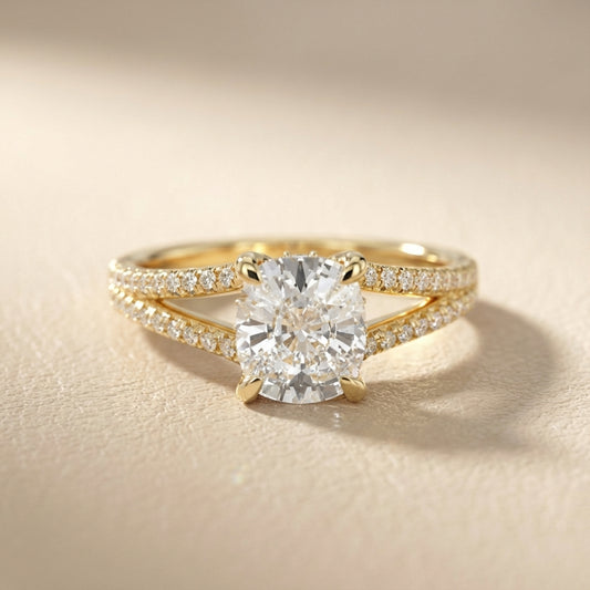 Cushion Cut Lab Grown Diamond Engagement Ring with Split Shank in Yellow Gold