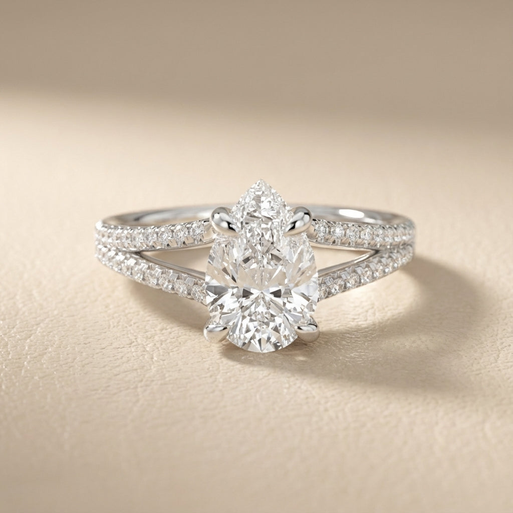 Pear Cut Lab Grown Diamond Split Shank Solitaire Engagement Ring in White Gold