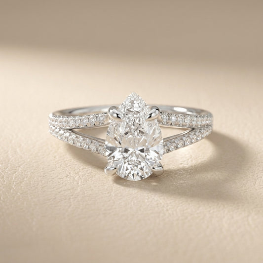 Pear Cut Lab Grown Diamond Split Shank Solitaire Engagement Ring in White Gold