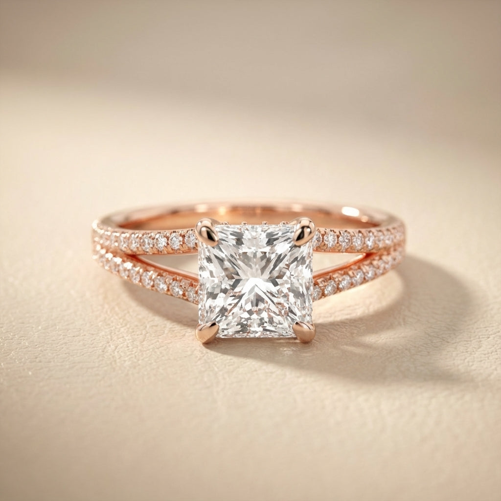 Princess Cut Lab Grown Diamond Split Shank Engagement Ring in Rose Gold