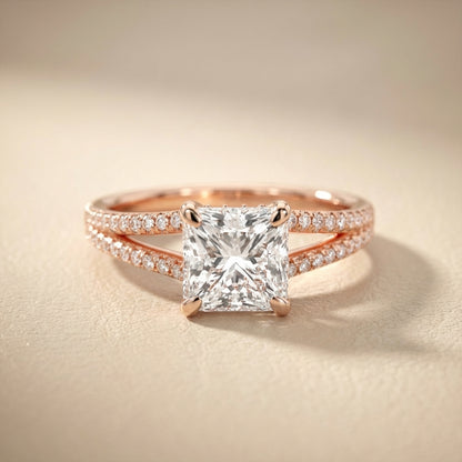 Princess Cut Lab Grown Diamond Split Shank Engagement Ring in Rose Gold