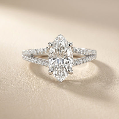 Marquise Cut Lab Grown Diamond Solitaire Engagement Ring with Pave Split Shank in Platinum