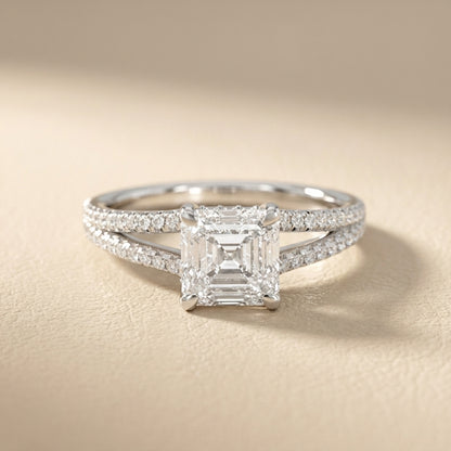 Asscher Cut Lab Grown Diamond Solitaire Engagement Ring with Pavé Split Shank in Platinum