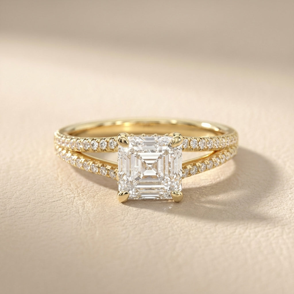 Asscher Cut Lab Grown Diamond Solitaire Engagement Ring with Pavé Split Shank in Yellow Gold