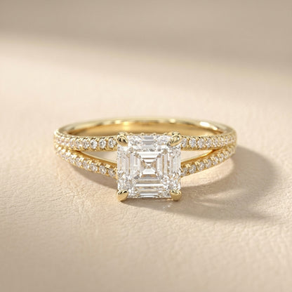 Asscher Cut Lab Grown Diamond Solitaire Engagement Ring with Pavé Split Shank in Yellow Gold
