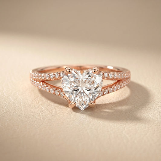 Heart Cut Lab Grown Diamond Solitaire Engagement Ring in warm Rose Gold with pavé accents.