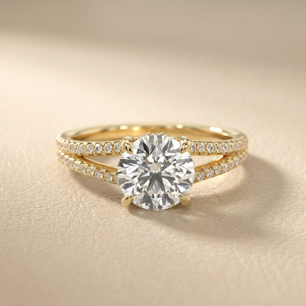 Round Cut Lab Grown Diamond Solitaire Engagement Ring with Pavé Split Shank in Yellow Gold