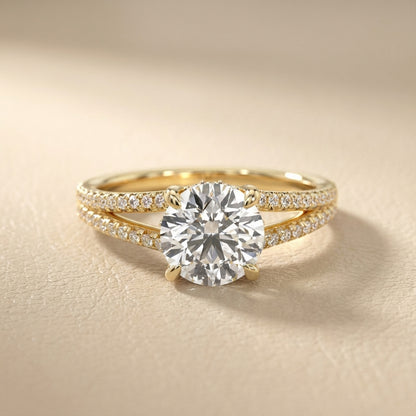 Round Cut Lab Grown Diamond Solitaire Engagement Ring with Pavé Split Shank in Yellow Gold