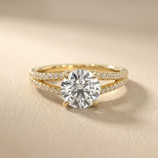Round Cut Lab Grown Diamond Solitaire Engagement Ring with Pavé Split Shank in Yellow Gold
