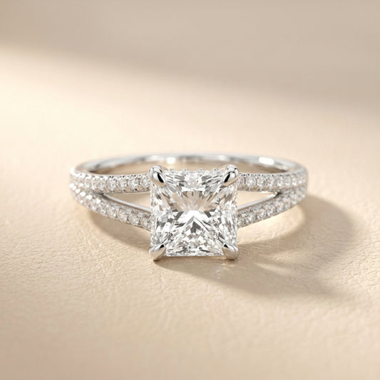 Princess Cut Lab Grown Diamond Split Shank Engagement Ring in Silver