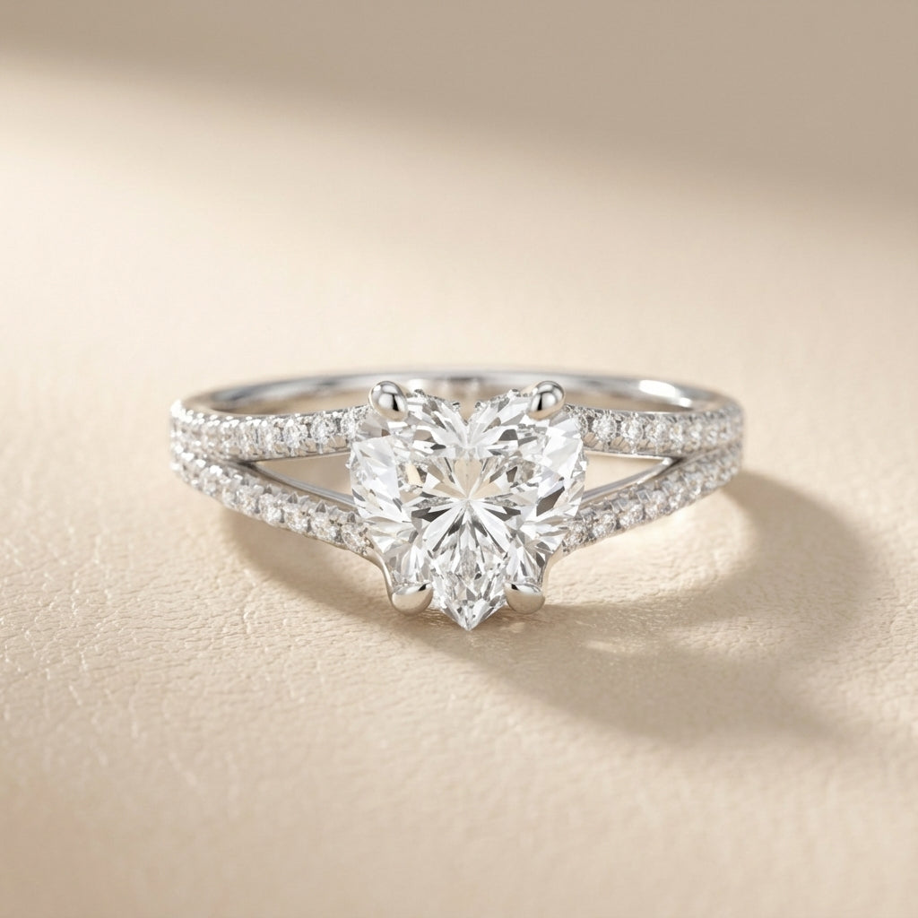 Heart Cut Lab Grown Diamond Solitaire Engagement Ring in brilliant White Gold with pavé split shank.