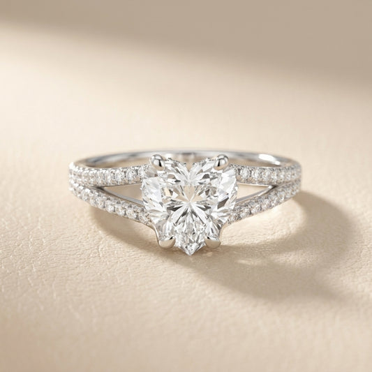 Heart Cut Lab Grown Diamond Solitaire Engagement Ring in brilliant White Gold with pavé split shank.