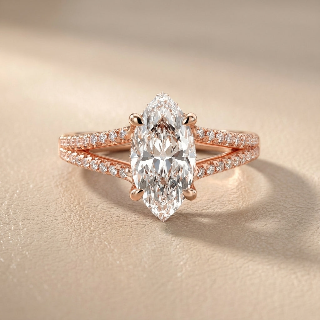 Marquise Cut Lab Grown Diamond Solitaire Engagement Ring with Pave Split Shank in Rose Gold