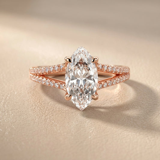 Marquise Cut Lab Grown Diamond Solitaire Engagement Ring with Pave Split Shank in Rose Gold