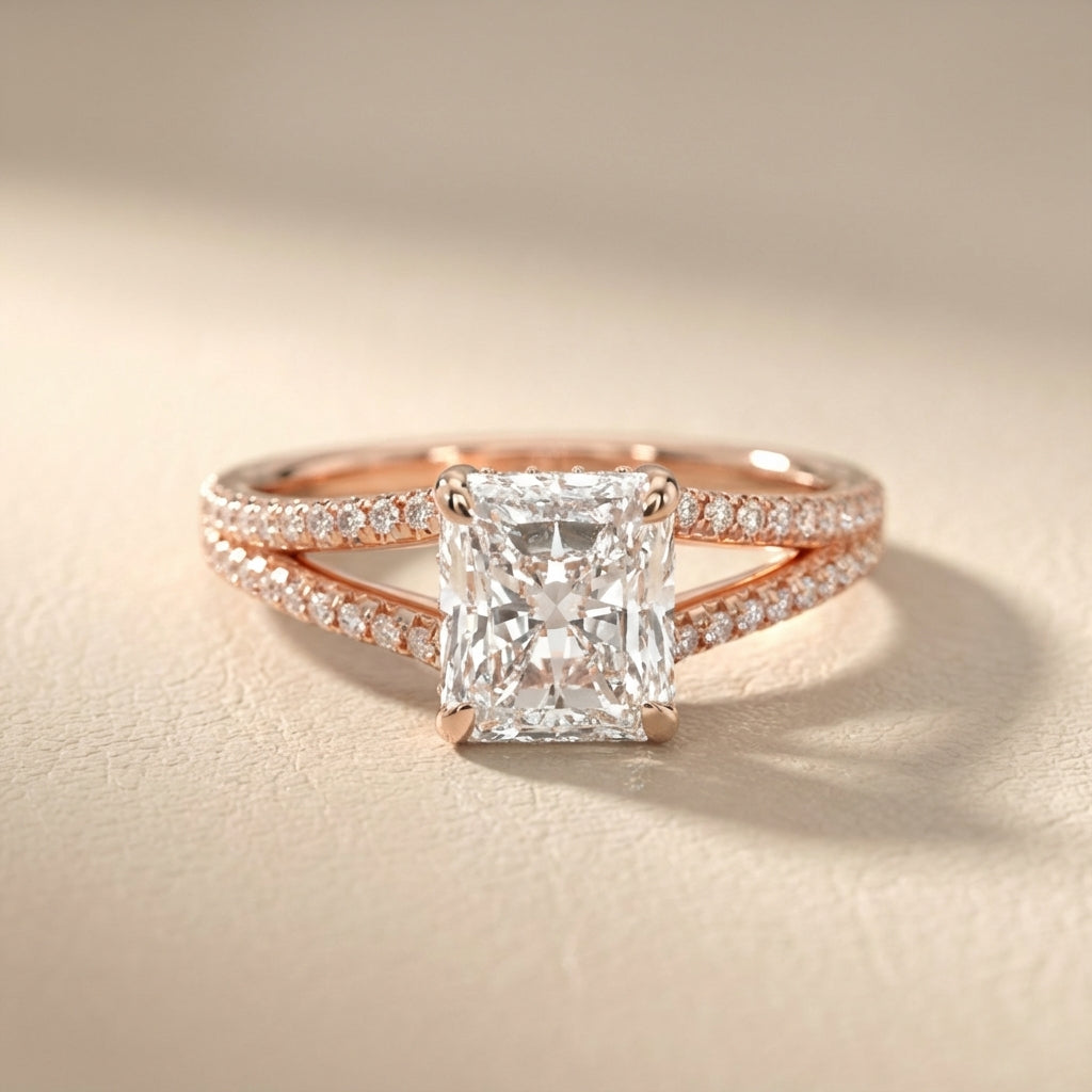 Radiant Cut Lab Grown Diamond Engagement Ring with Pavé Split Shank in Rose Gold