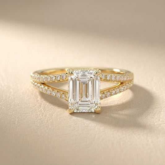 Emerald Cut Lab Grown Diamond Split Shank Engagement Ring in Yellow Gold