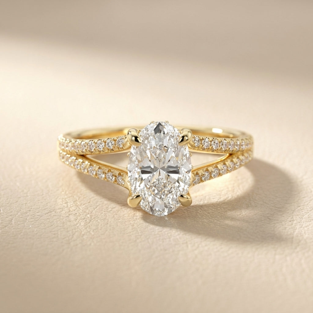 Oval Cut Lab Grown Diamond Solitaire Engagement Ring in Yellow Gold with Pavé Split Shank
