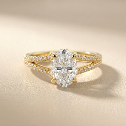 Oval Cut Lab Grown Diamond Solitaire Engagement Ring in Yellow Gold with Pavé Split Shank