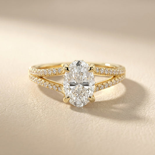 Oval Cut Lab Grown Diamond Solitaire Engagement Ring in Yellow Gold with Pavé Split Shank