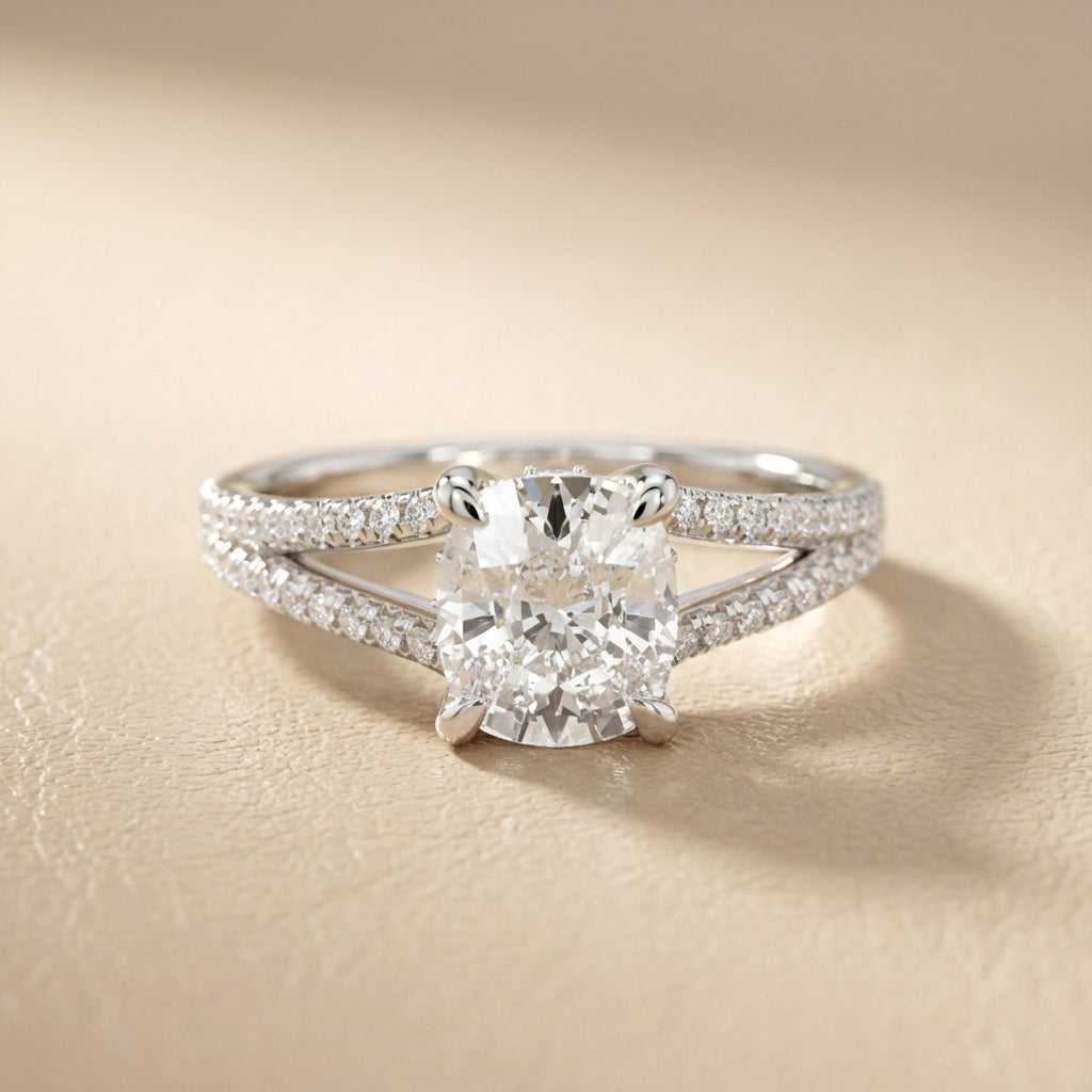 Cushion Cut Lab Grown Diamond Engagement Ring with Split Shank in Platinum