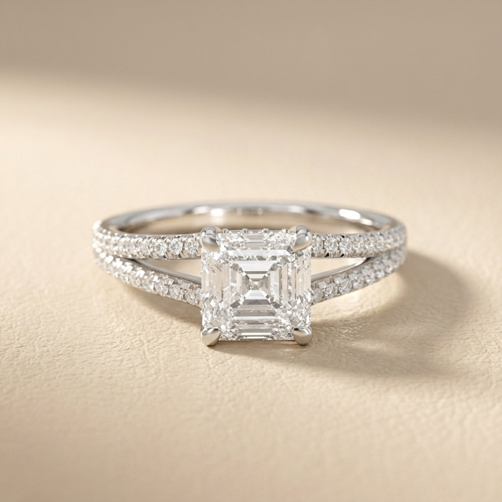 Asscher Cut Lab Grown Diamond Solitaire Engagement Ring with Pavé Split Shank in White Gold
