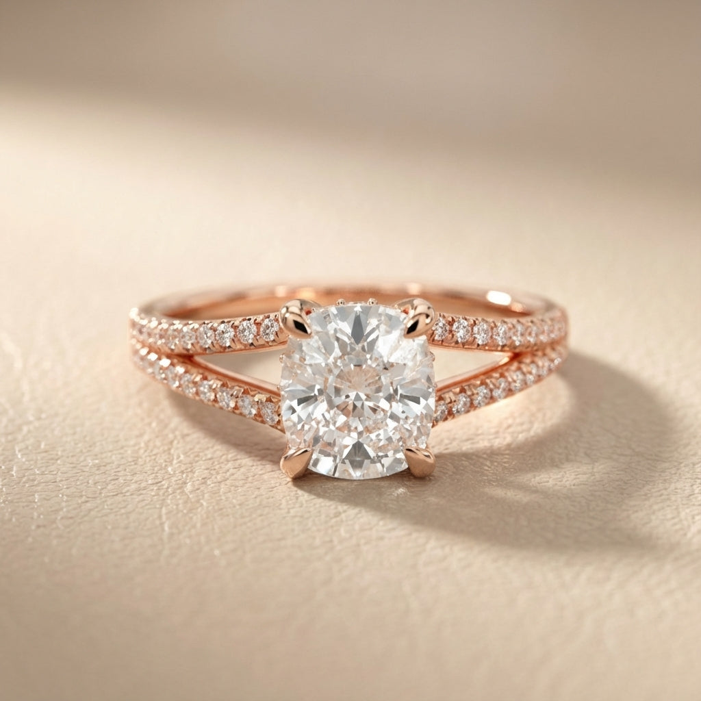 Cushion Cut Lab Grown Diamond Engagement Ring with Split Shank in Rose Gold