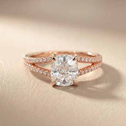 Cushion Cut Lab Grown Diamond Engagement Ring with Split Shank in Rose Gold