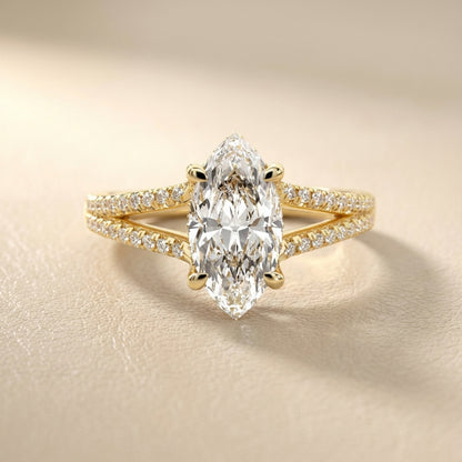 Marquise Cut Lab Grown Diamond Solitaire Engagement Ring with Pave Split Shank in Yellow Gold