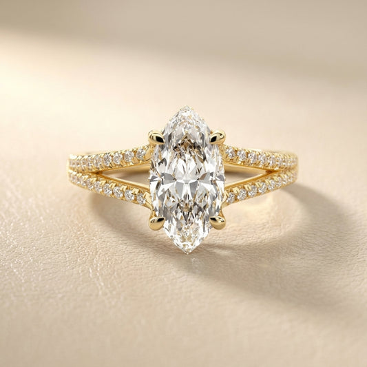 Marquise Cut Lab Grown Diamond Solitaire Engagement Ring with Pave Split Shank in Yellow Gold