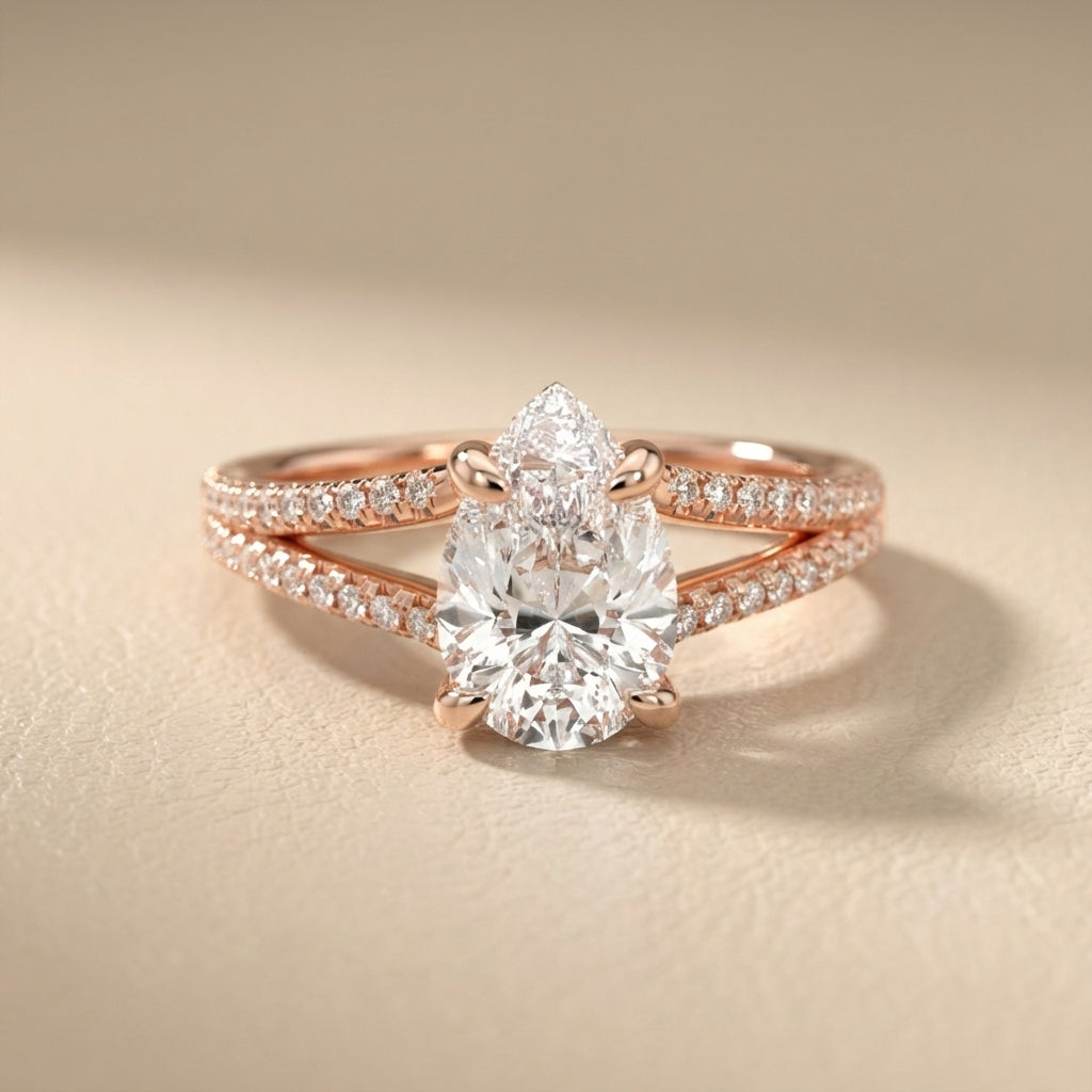 Pear Cut Lab Grown Diamond Split Shank Solitaire Engagement Ring in Rose Gold