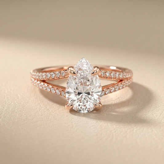 Pear Cut Lab Grown Diamond Split Shank Solitaire Engagement Ring in Rose Gold