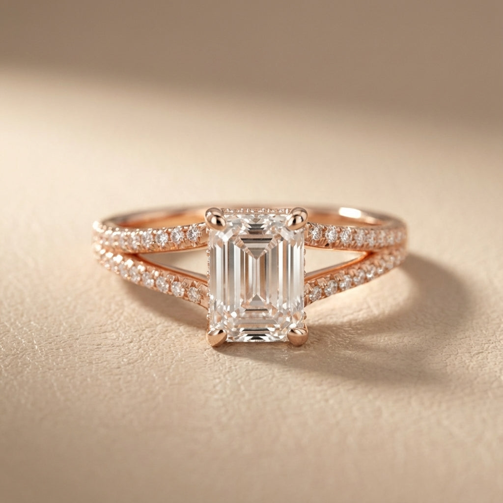 Emerald Cut Lab Grown Diamond Split Shank Engagement Ring in Rose Gold