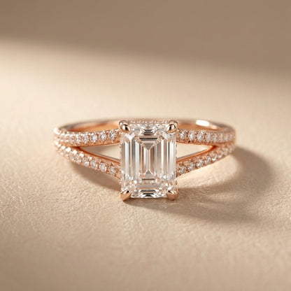Emerald Cut Lab Grown Diamond Split Shank Engagement Ring in Rose Gold