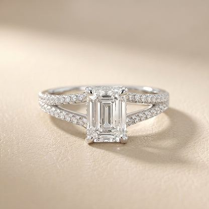 Emerald Cut Lab Grown Diamond Split Shank Engagement Ring in White Gold