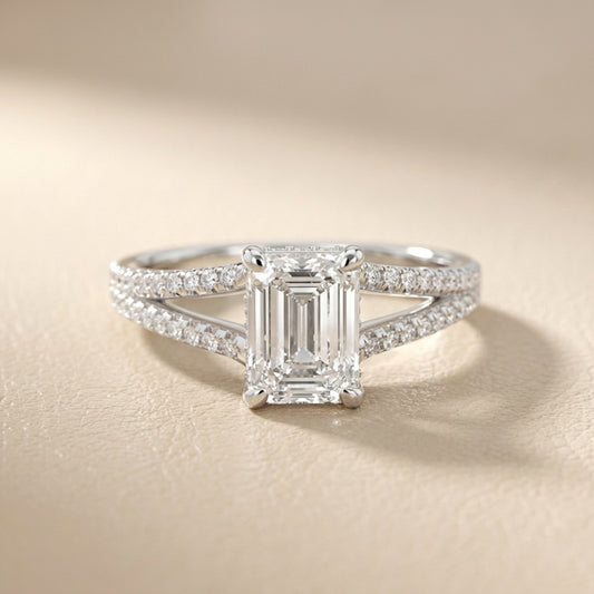 Emerald Cut Lab Grown Diamond Split Shank Engagement Ring in White Gold